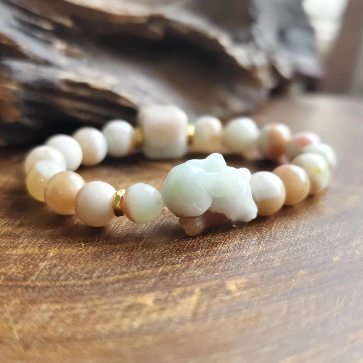 Cherry Blossom Agate Rabbit Charm Beaded Bracelet