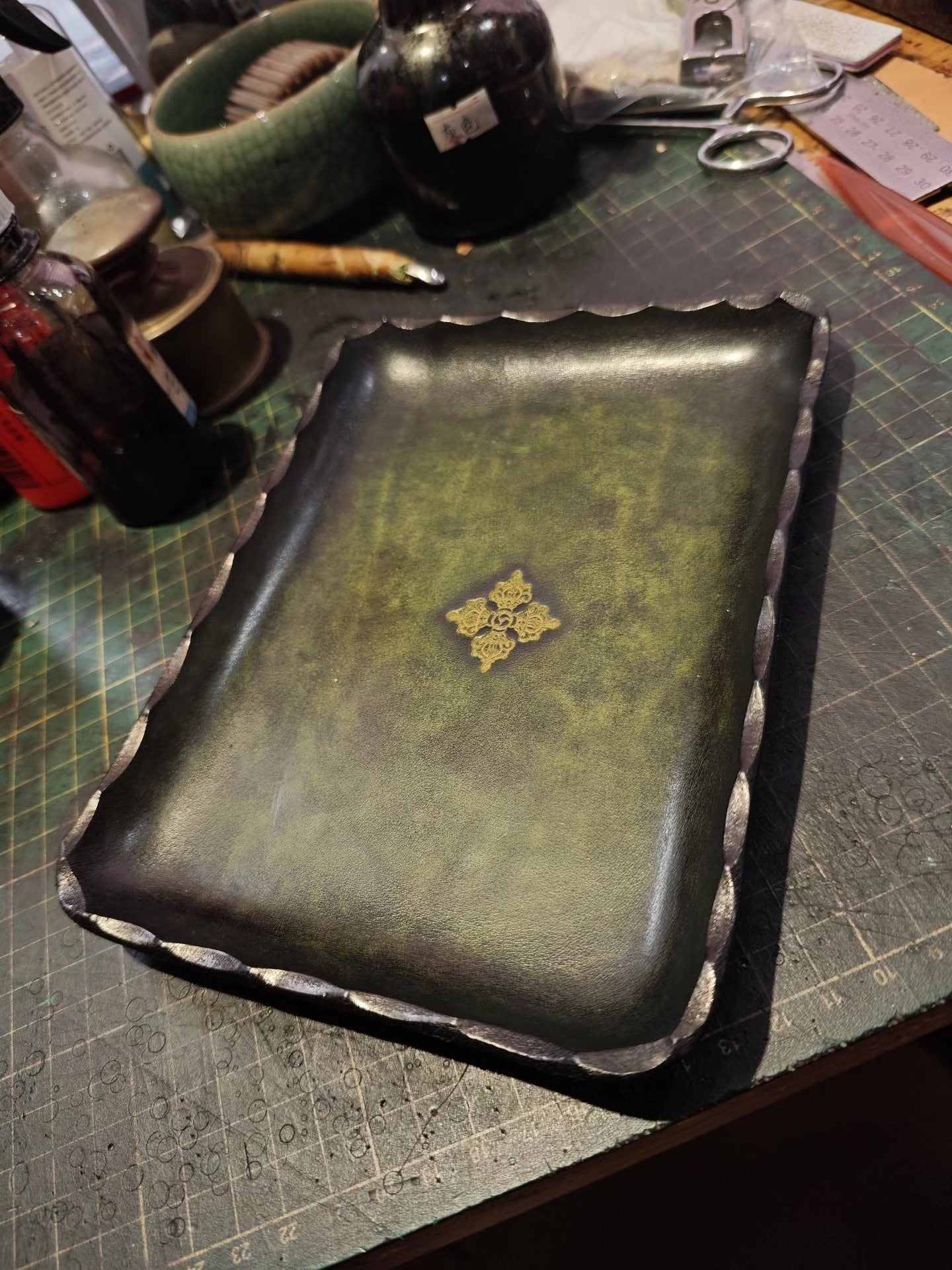 Antique Green Leather Rectangular Tray with Gold Carved Center and Scalloped Edges