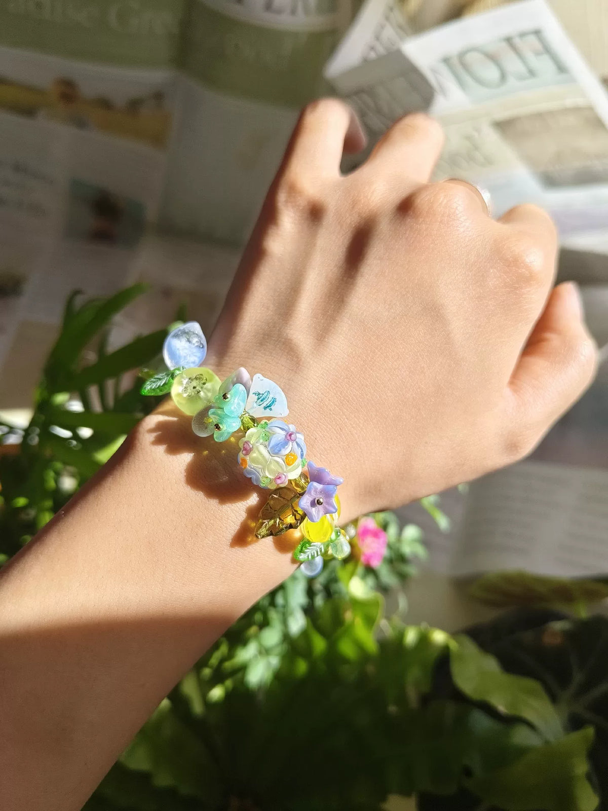 Bracelet en perles de verre tchèques vert et bleu