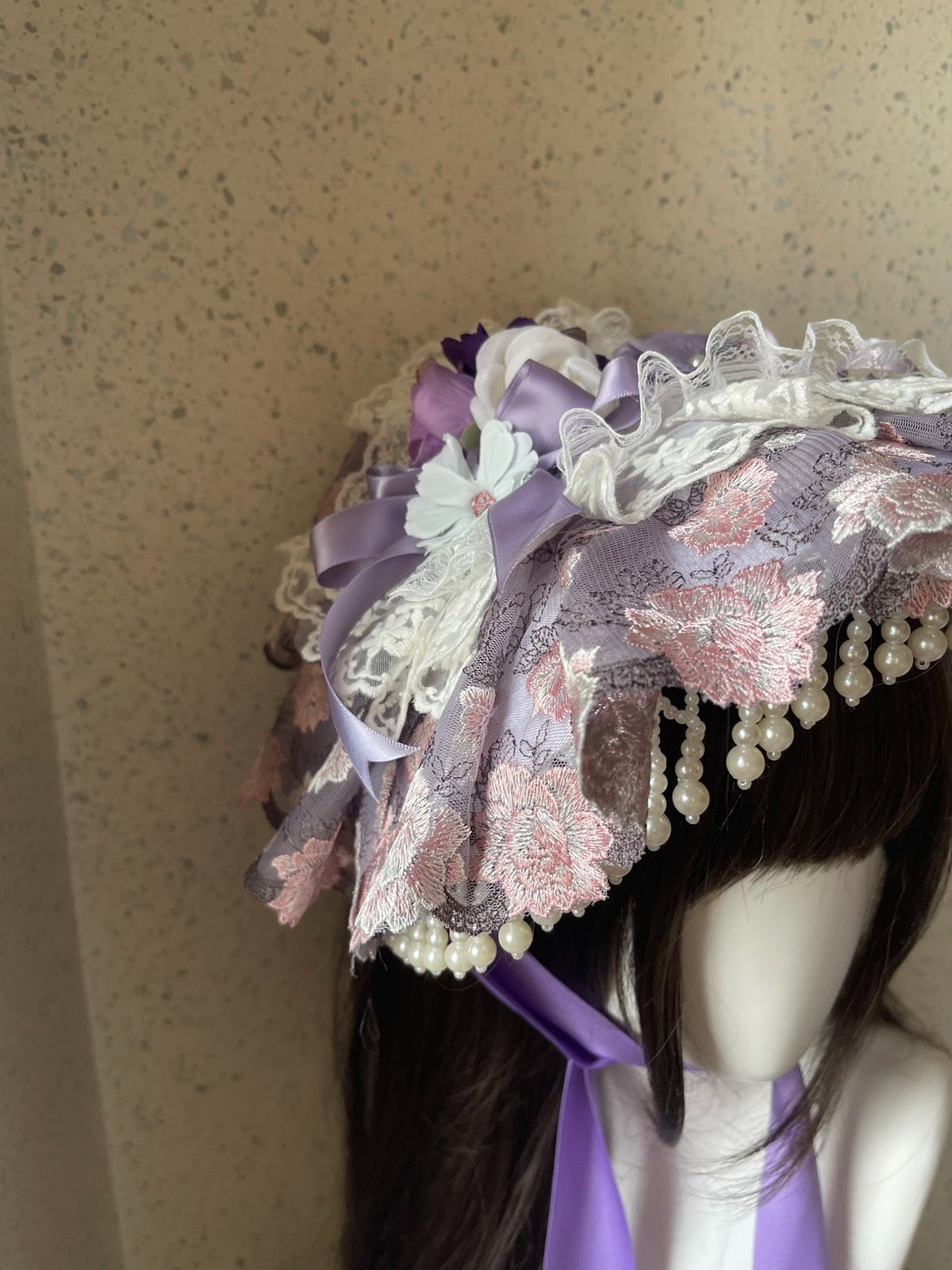 Lolita Lace Bonnet with Pearl Trim
