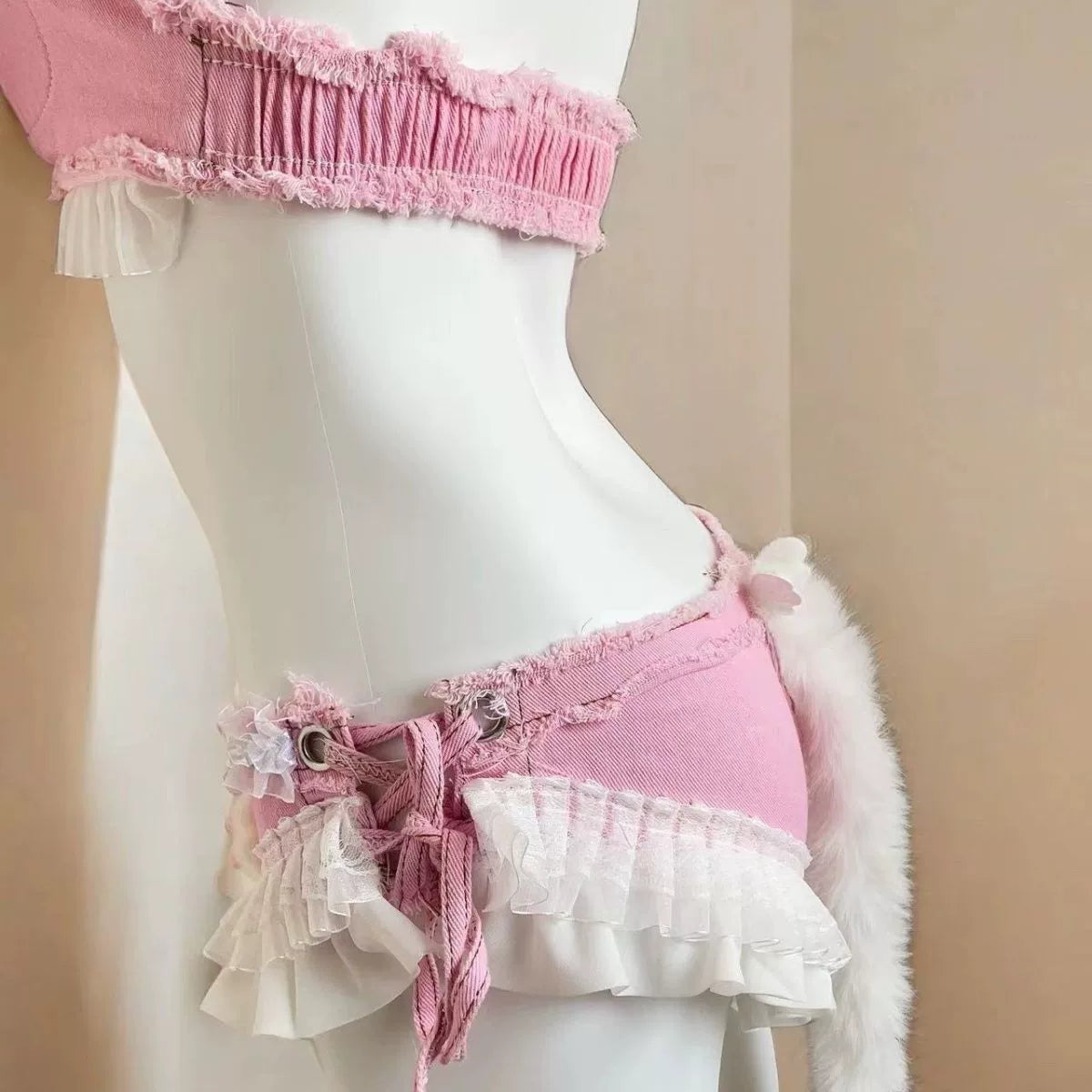 Pink Denim Lace Bikini Set