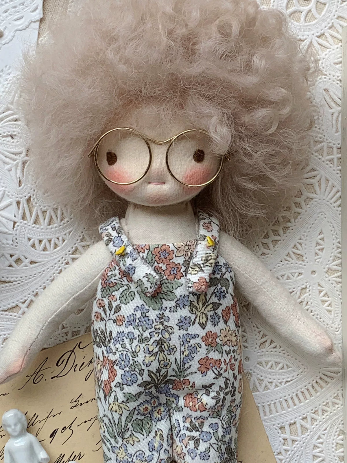 Handmade Waldorf Cloth Doll Curly Pink Hair