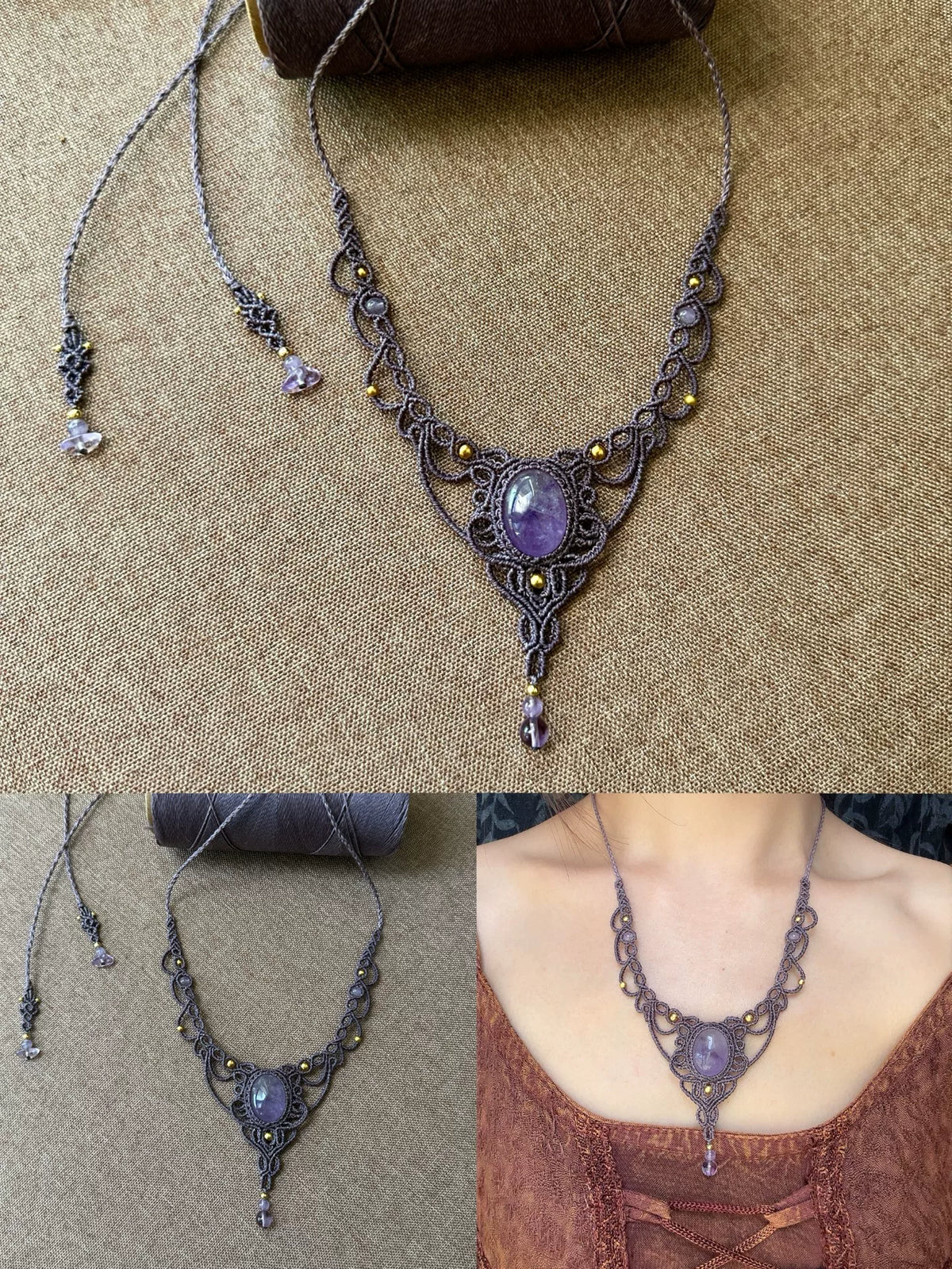 Handgeknoopt macrameketting met grote steen