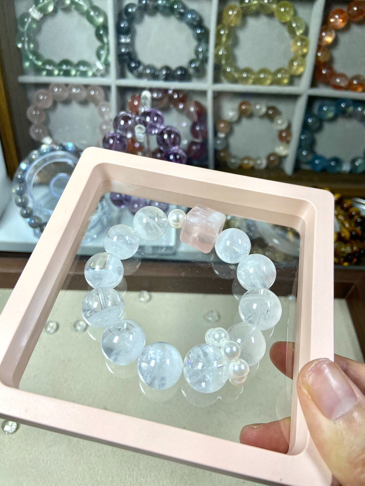 White Phantom Quartz Pearl Bracelet 14mm