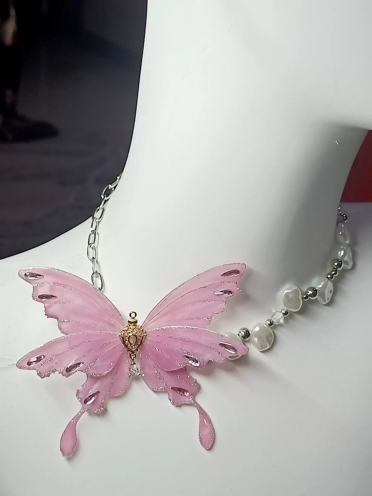 Pink Butterfly Pendant Necklace with Silver Chain