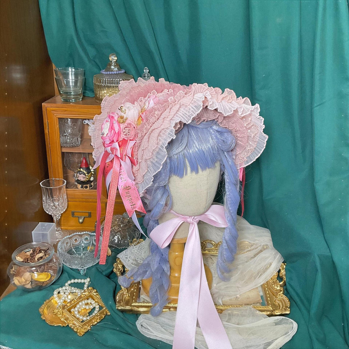 Lolita Straw Bonnet with Pink Lace