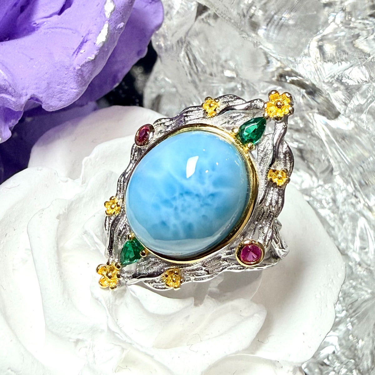 Bague Larimar Argent 925 Doré Florale