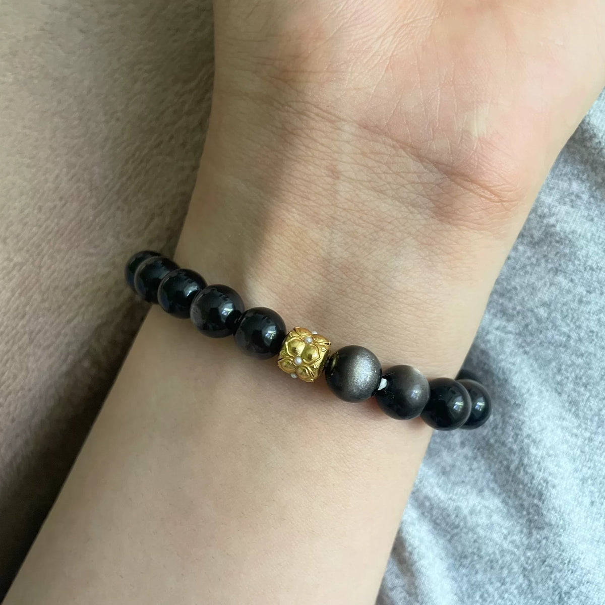 Amber Bear Head Obsidian Phantom Quartz Bracelet