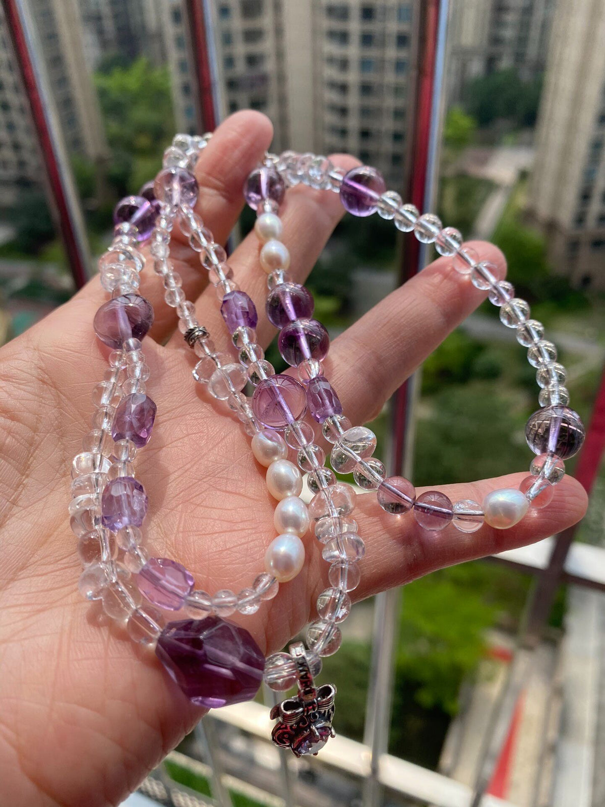 Clear Quartz Amethyst Pearl Layered Necklace