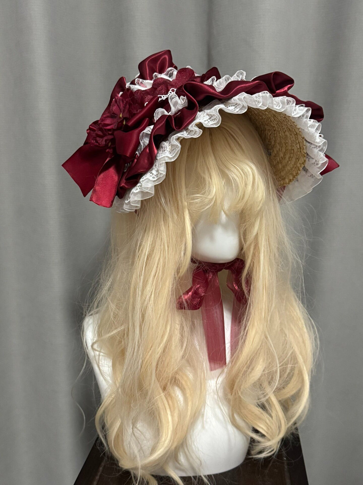 Handmade BNT Bonnet Red Lace Flat Hat