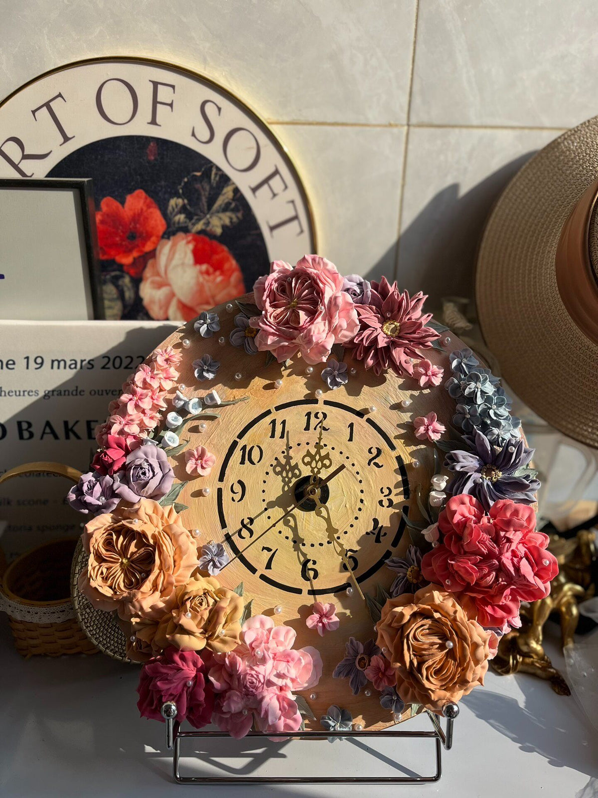Clay Flower Wooden Wall Clock