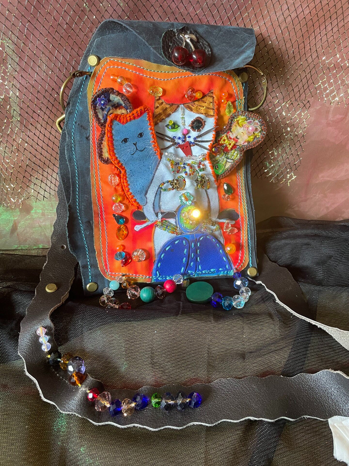 Beaded Cat Crossbody Bag