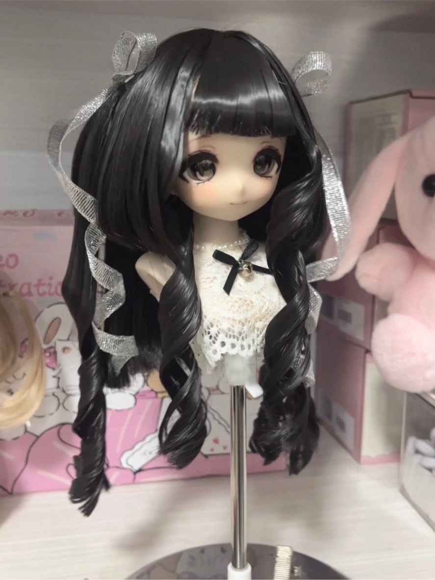 Doll Wig Black Curly Silver Ribbons