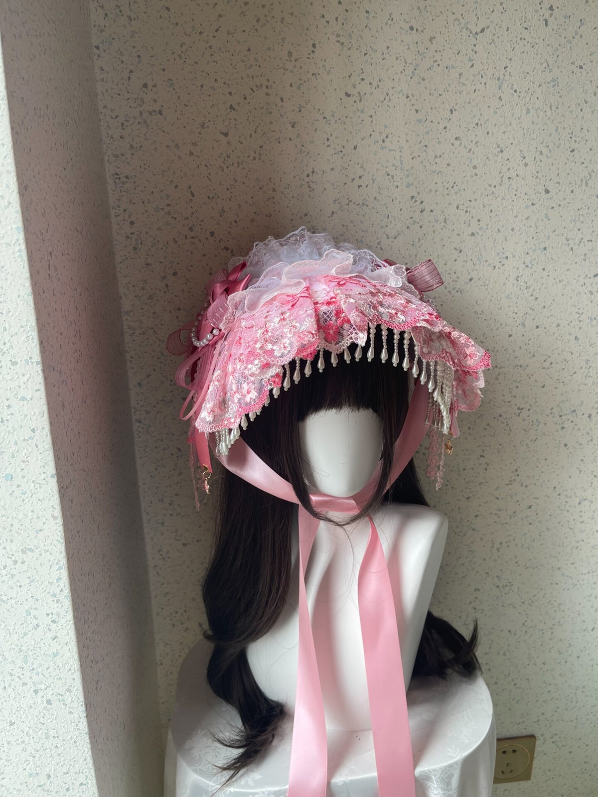 Handcrafted Pink Lace Lolita Bonnet Hat