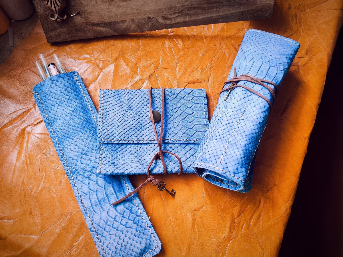Cowhide Pen Case Set with Blue Texture