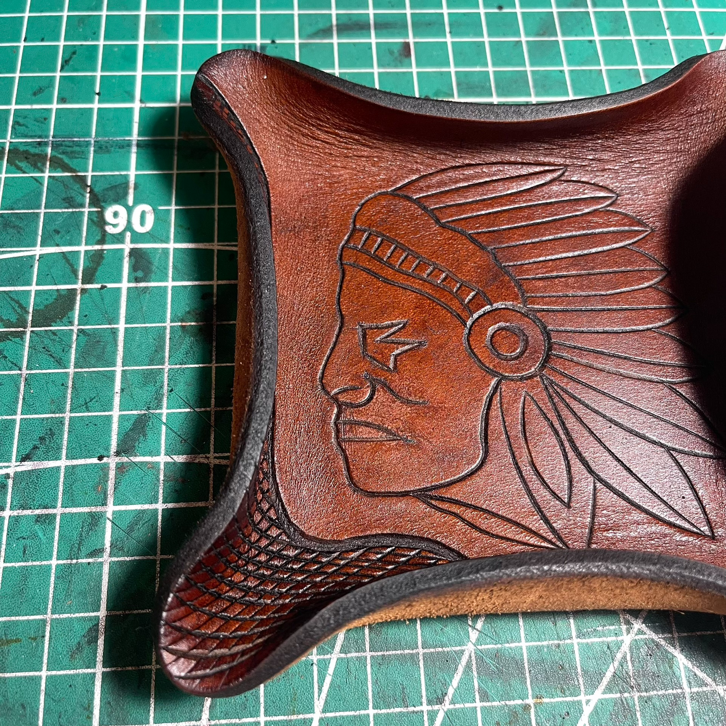 Square Vegetable-Tanned Leather Tray with Carved Portrait