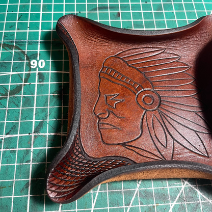 Square Vegetable-Tanned Leather Tray with Carved Portrait