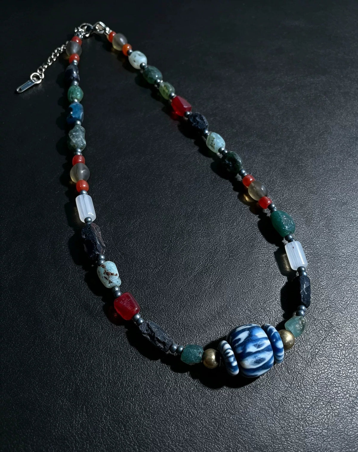 Handmade Glass Bead Necklace Blue White