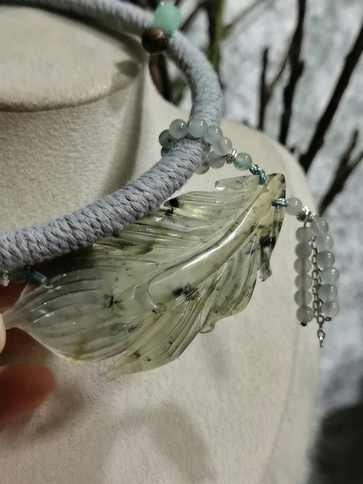 Natural Xiuyan Jade Feather Necklace