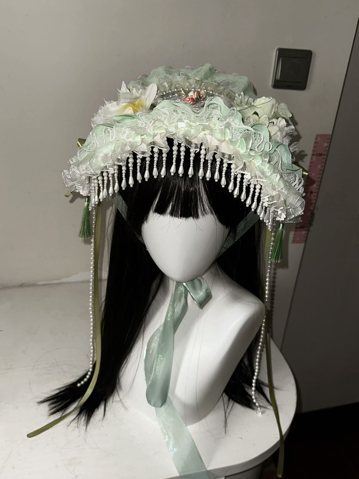 Light Green Bonnet Flat Cap with Pearl Trim