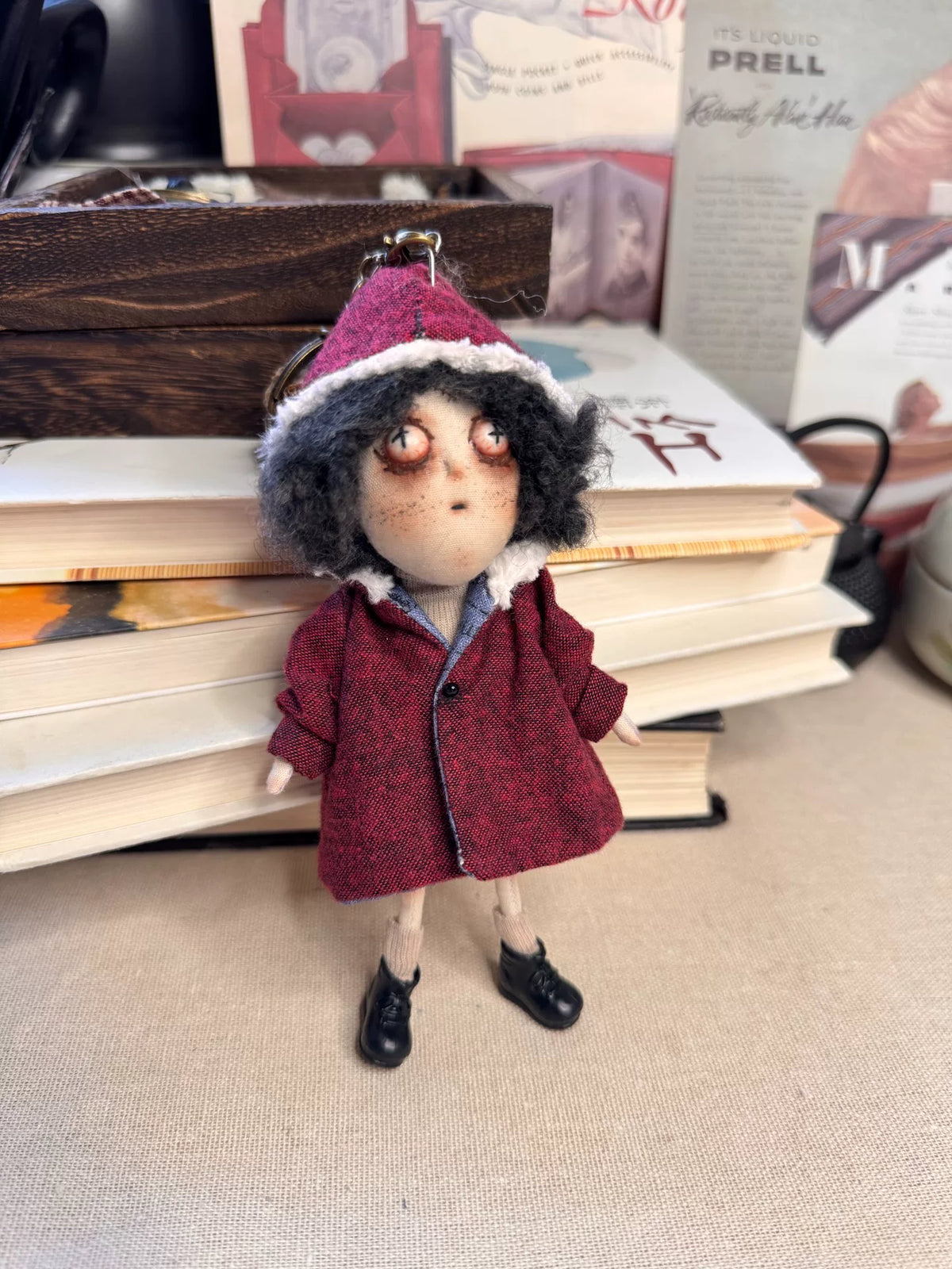 Handmade Fabric Doll Keychain with Burgundy Coat