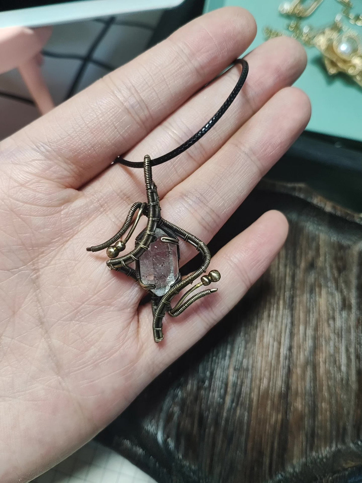 Antiqued Brass Wire Wrapped Crystal Pendant