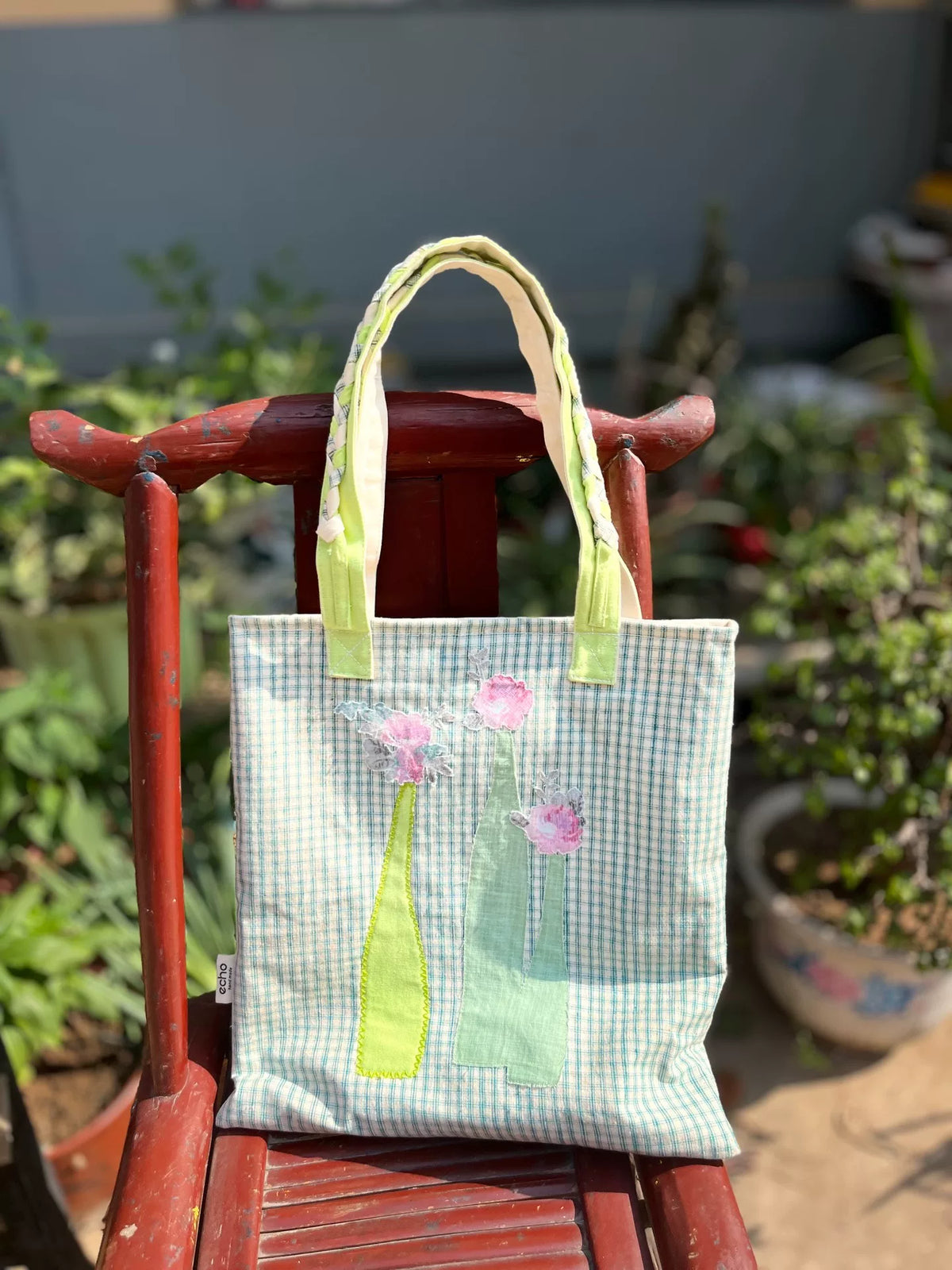 Handgefertigte Patchwork-Schultertasche Grün Karo