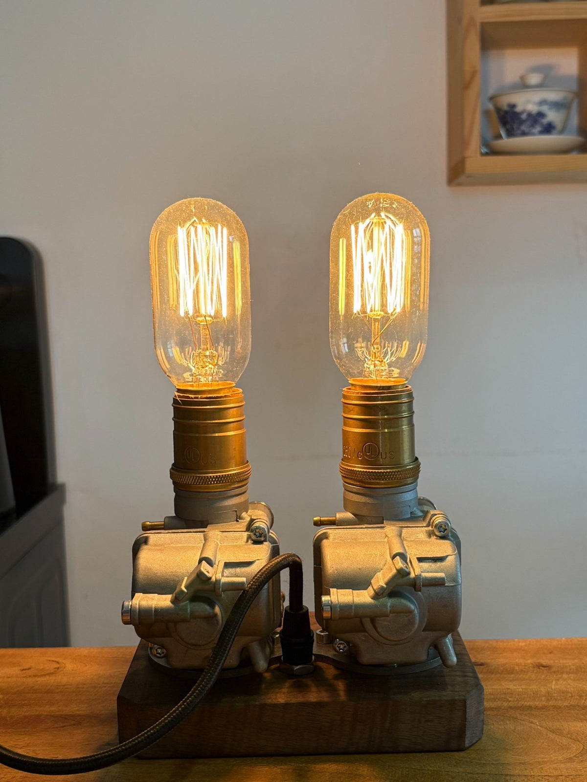 Steampunk Dual Head Mechanical Desk Lamp Walnut Base