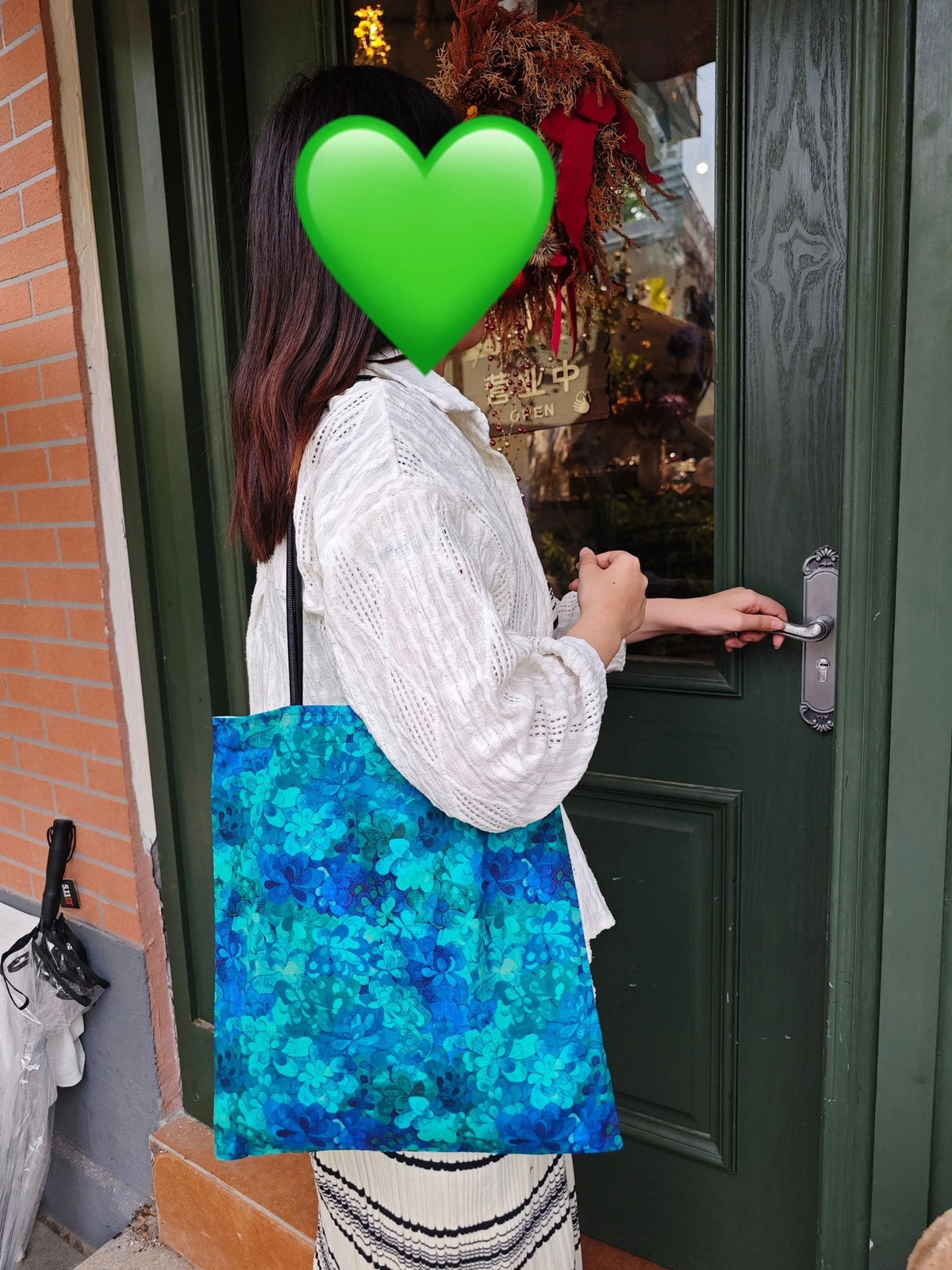 Blue Green Floral Canvas Tote Bag