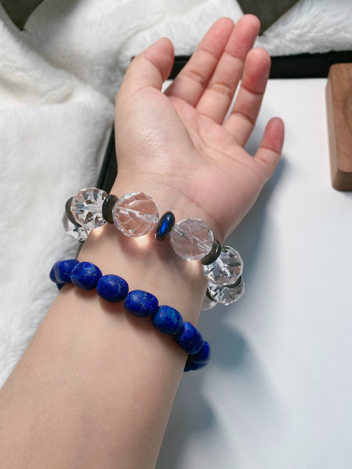 White Quartz Labradorite Beaded Bracelet 16mm
