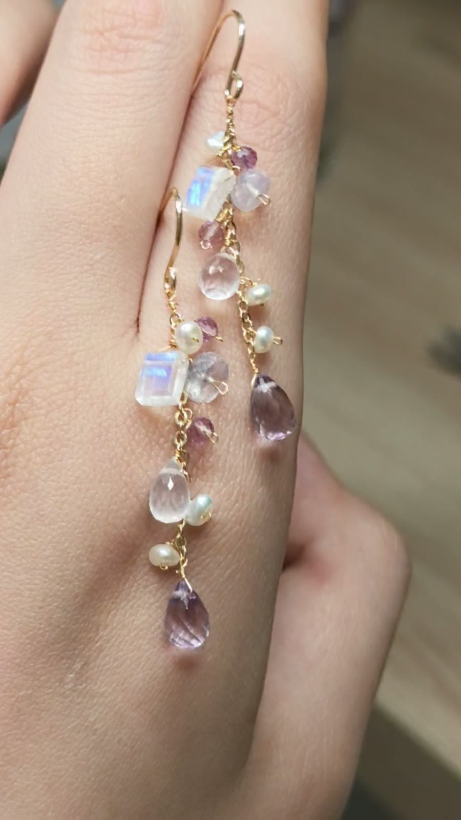 ムーンストーンパール ピンクジェムーン ドロップピアス