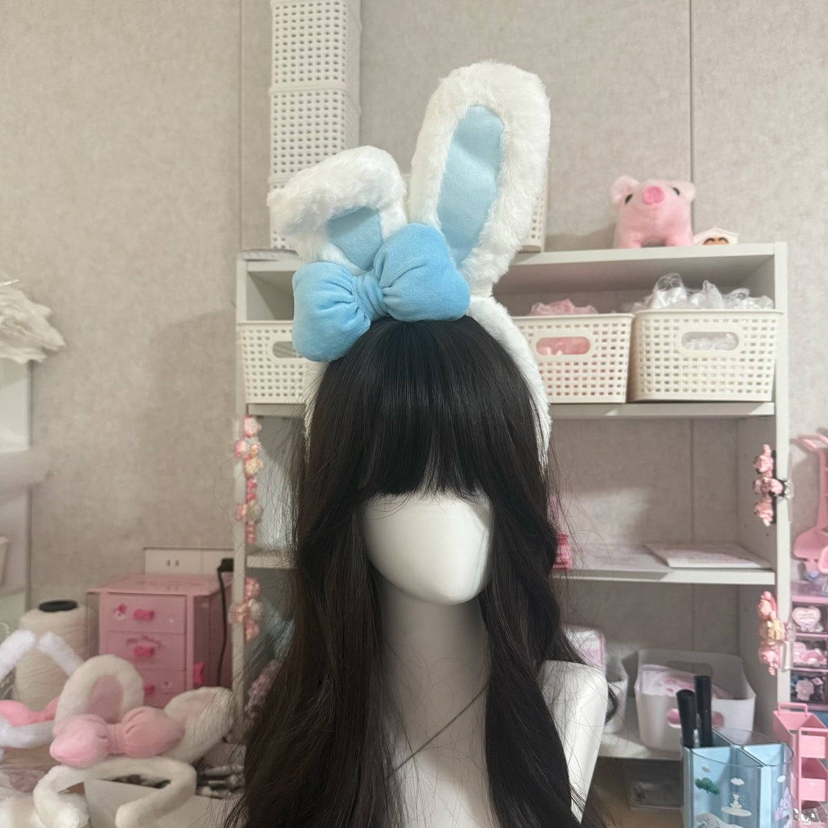 White Plush Bunny Ear Headband with Blue Bow