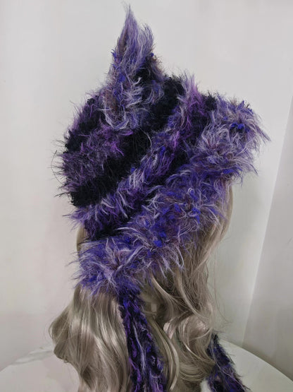 Enchanting Black-Purple Fox Hat with Lifelike Ears and Dangling Strands