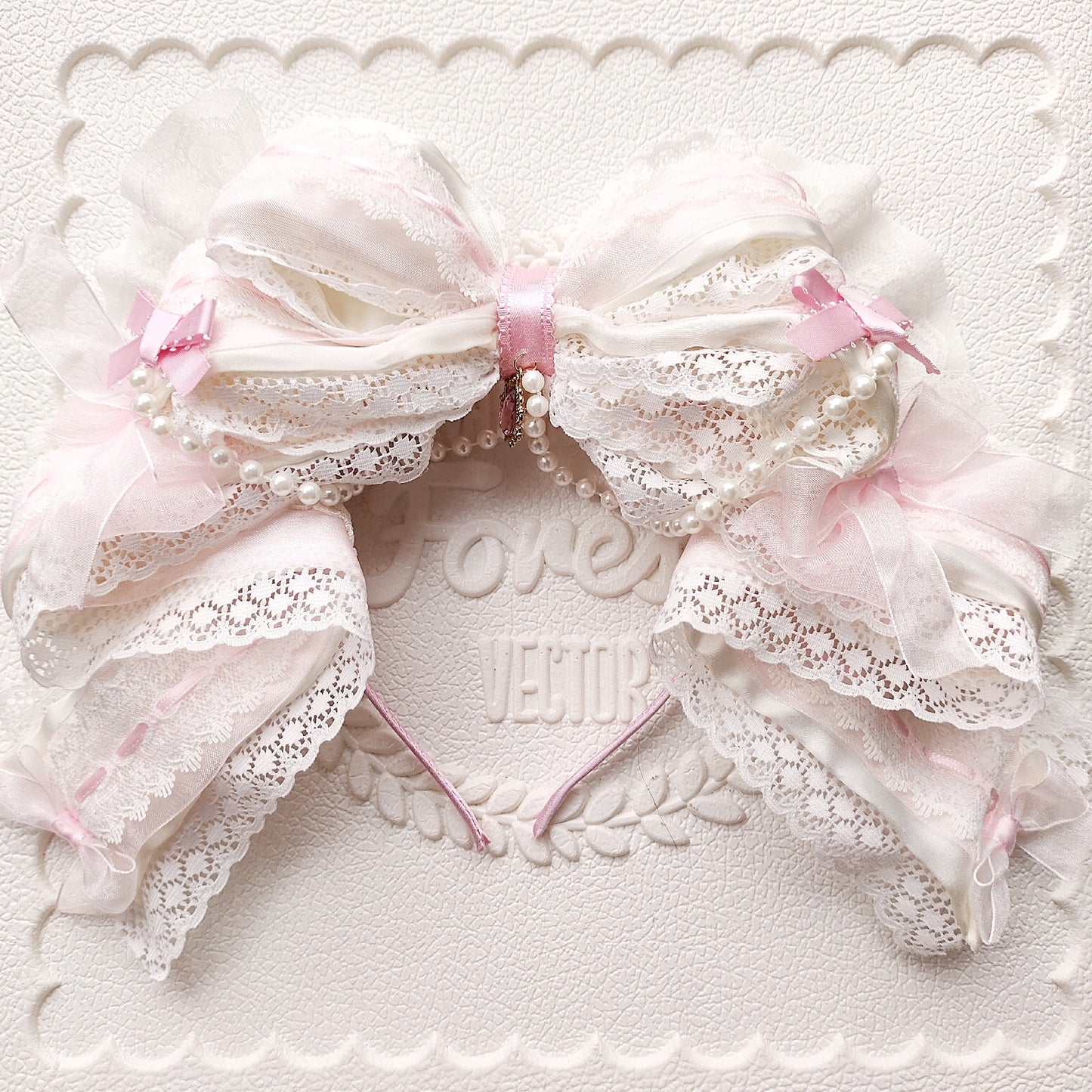 Large Lace Bow Headband with Pearl Drop Pendant