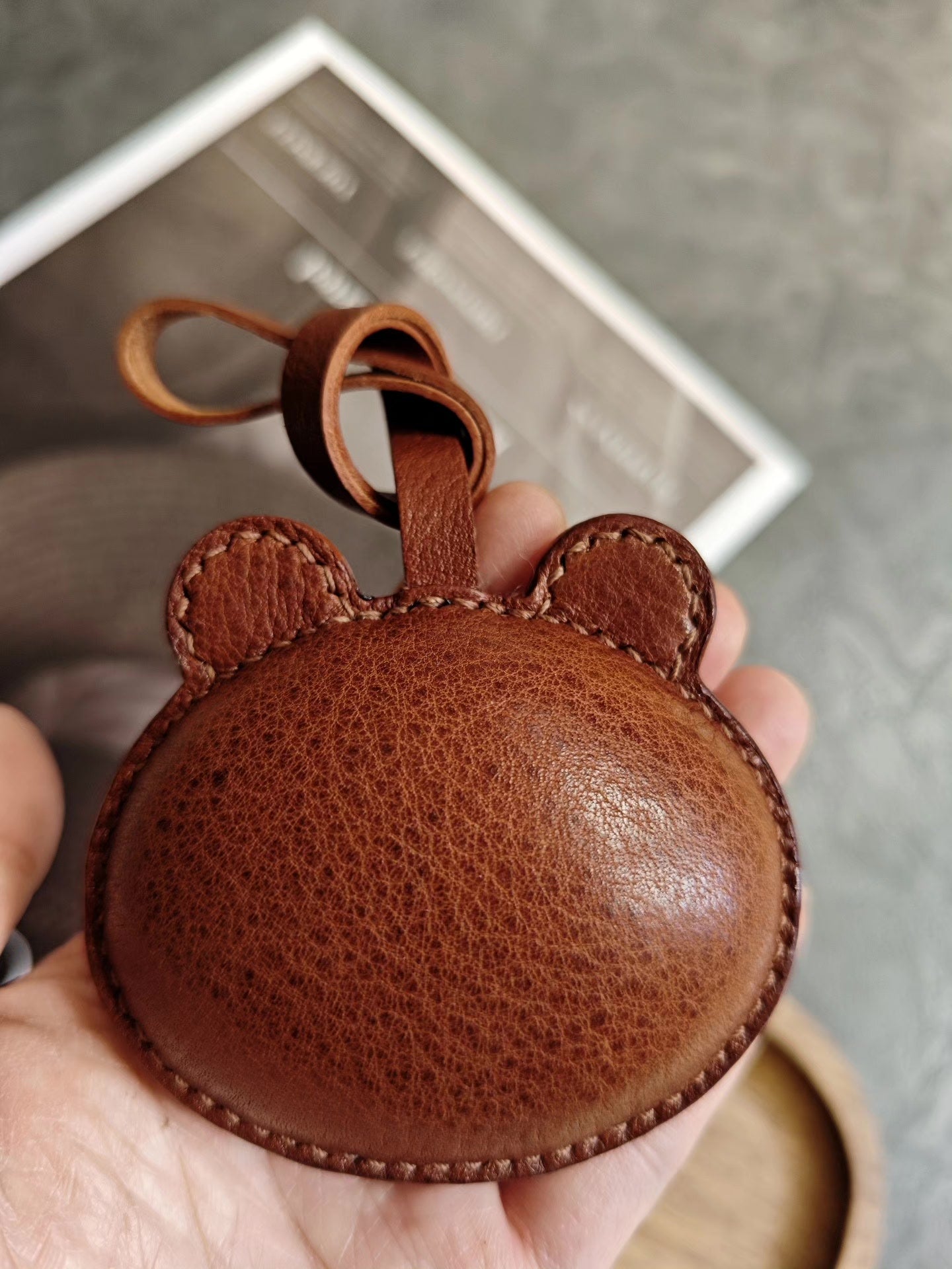 Hand-Stitched Brown Bear Head Leather Keychain Bag Charm