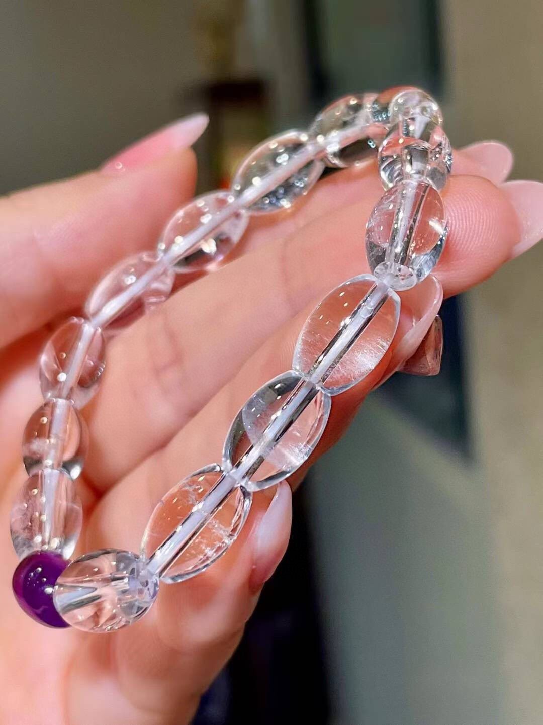 White Crystal and Amethyst Beaded Bracelet, 12.2mm Clear Faceted Oval Beads with 11mm Purple Accent