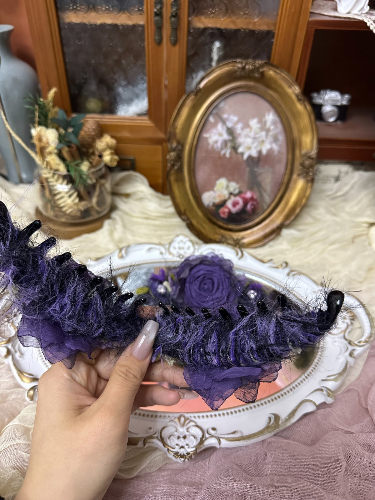 Handcrafted Fabric Rose Banana Clip Dark Purple