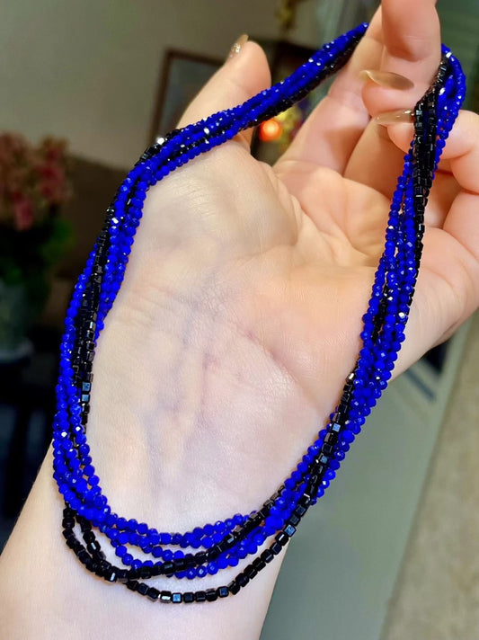 Six-Layer Strand Beaded Necklace, Faceted Blue and Black Beads, 40cm