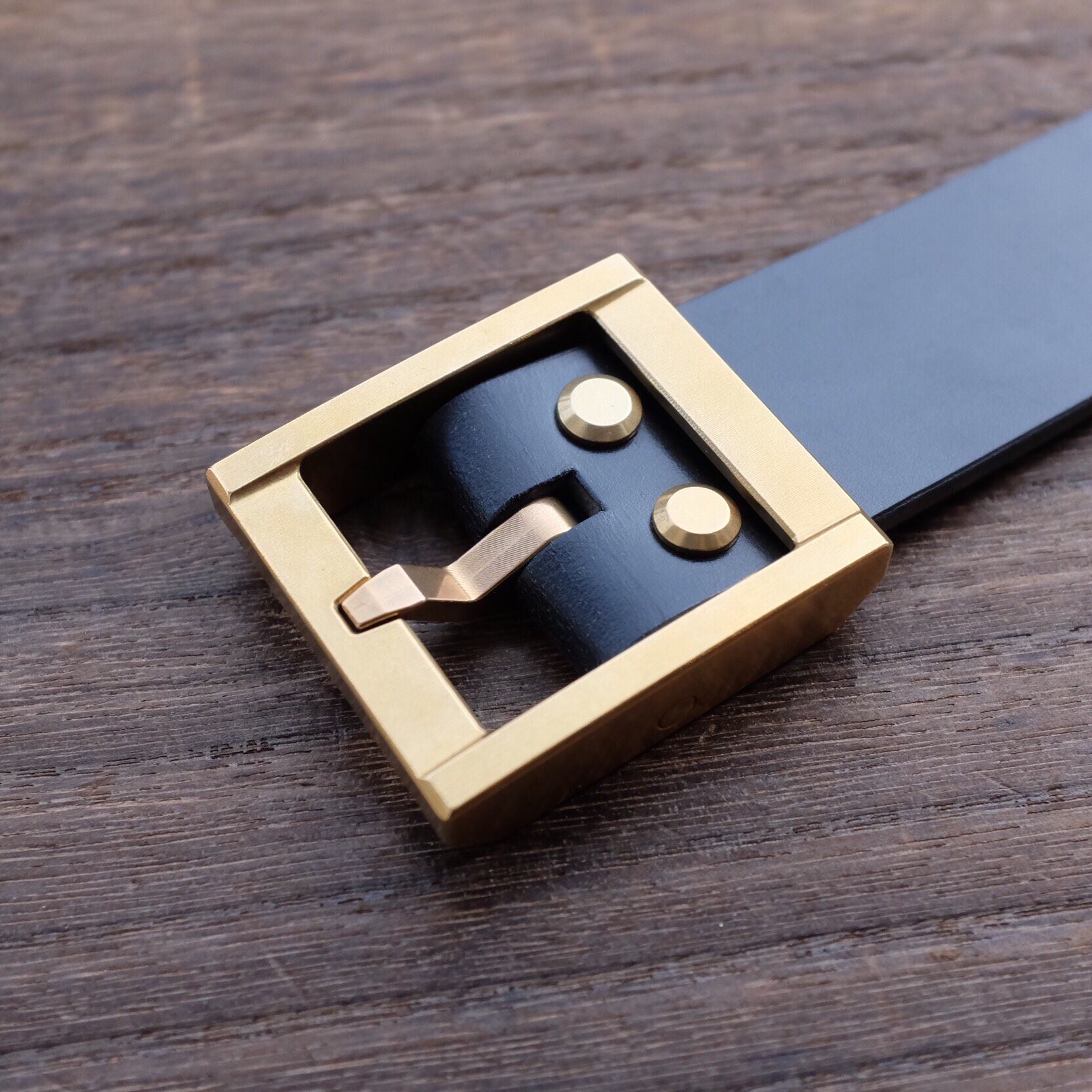 Black Leather Belt with Brass Buckle and Engraved Logo