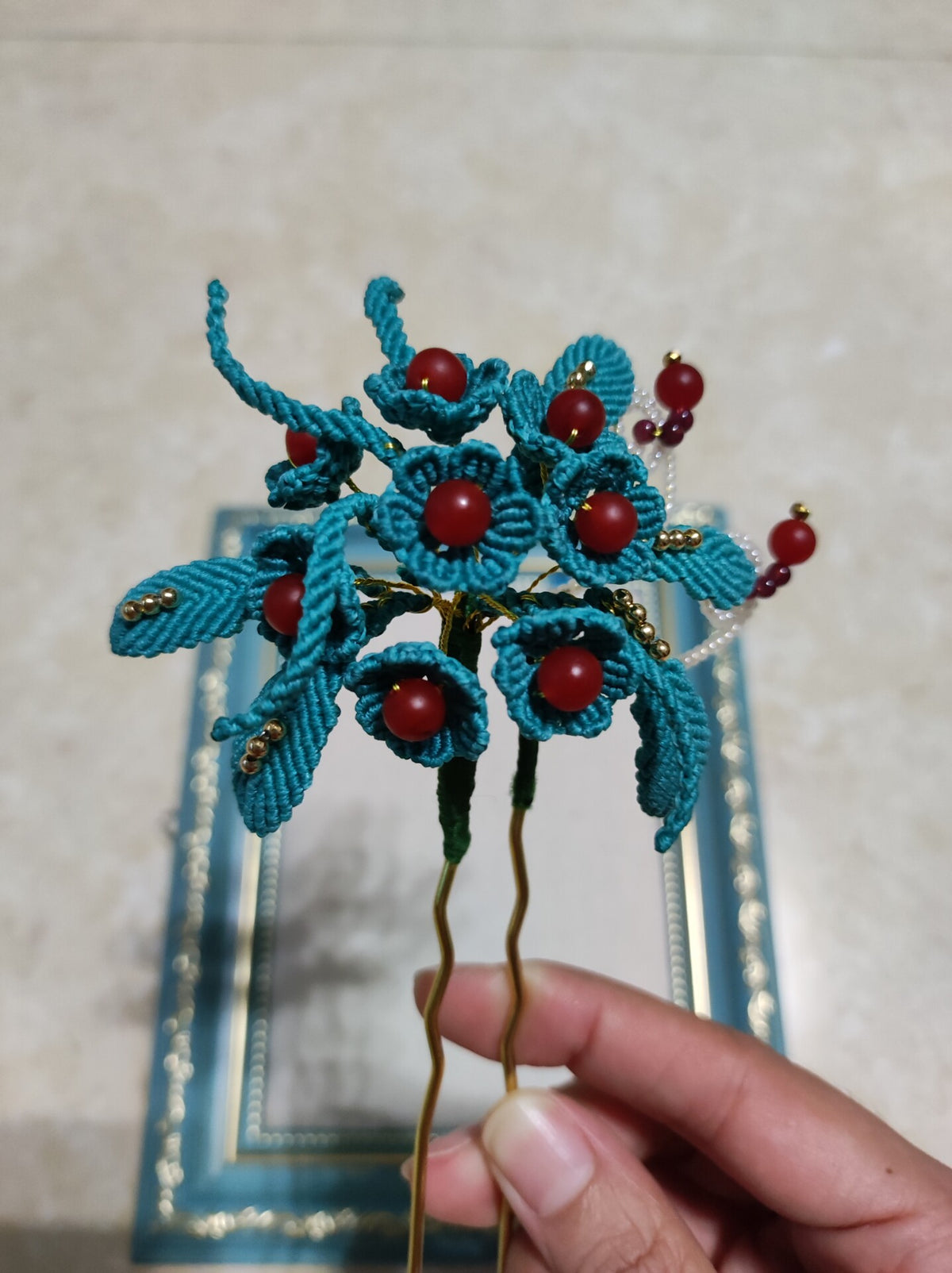 Teal Waxed Cord Floral Hairpin with Red Agate