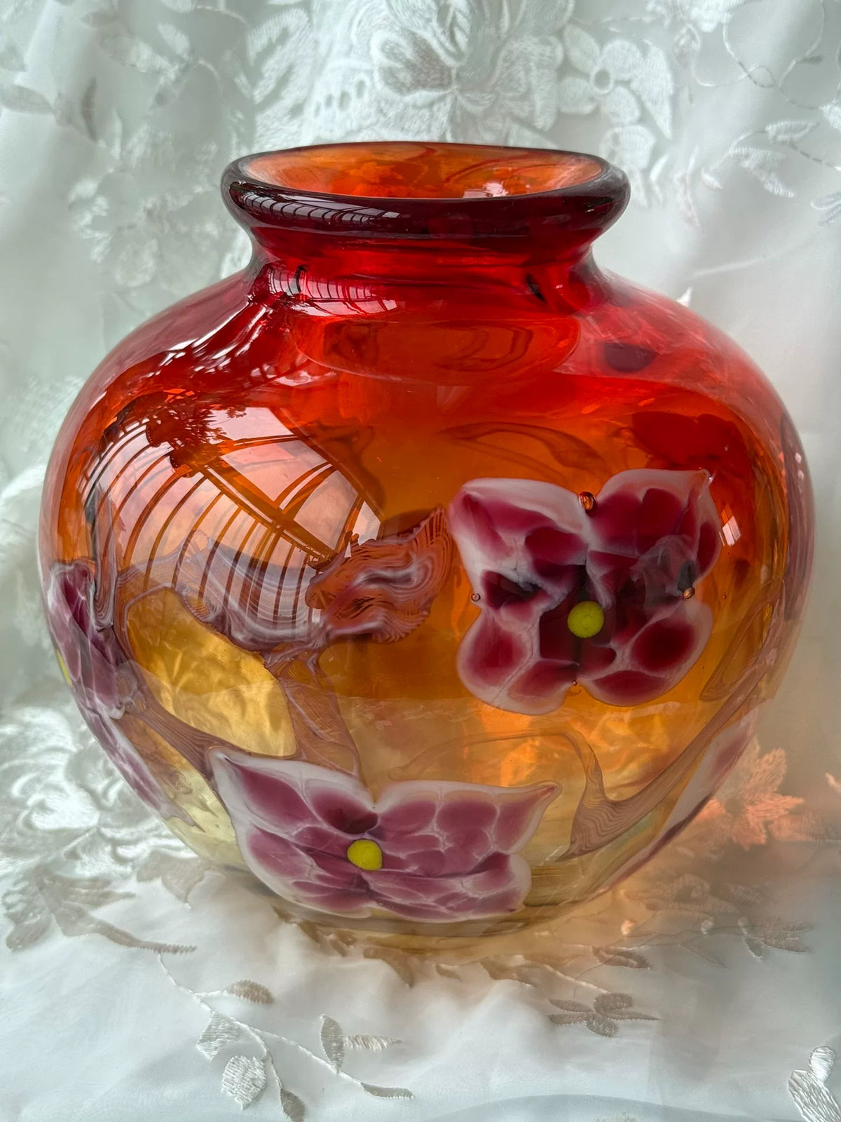 Vintage Glass Vase Set Red Amber Gradient
