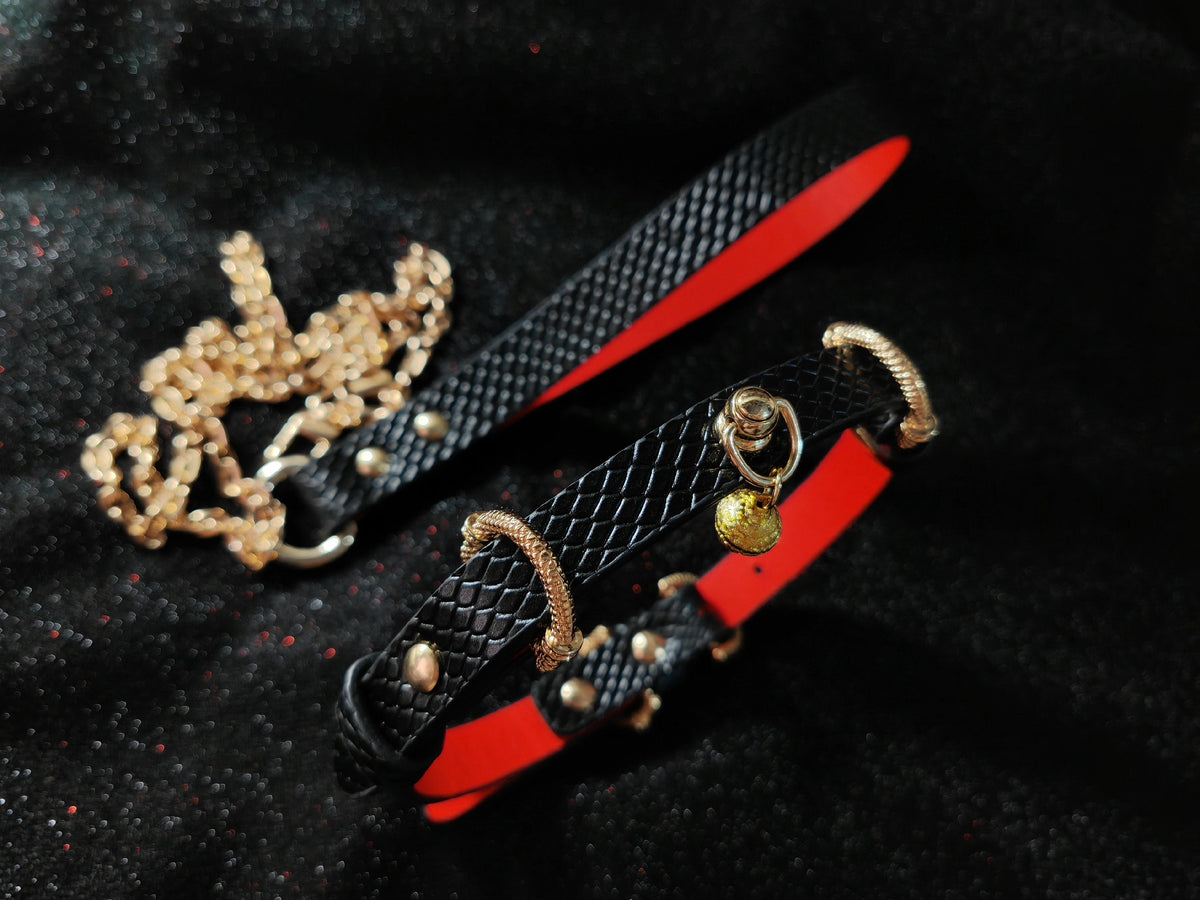 Set de collar y correa para perro de piel con textura de serpiente en negro y rojo