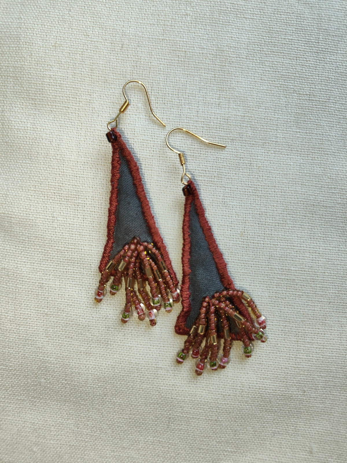 Handmade Fabric Tassel Earrings Gray Beaded