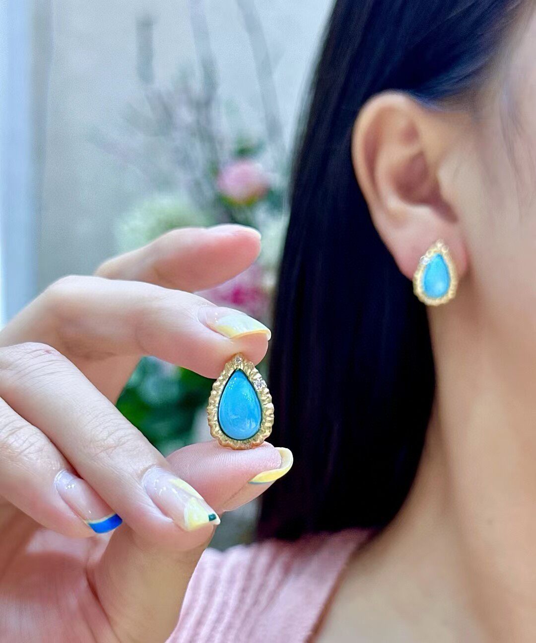 18K Gold Sleeping Beauty Turquoise Stud Earrings 5.01ct