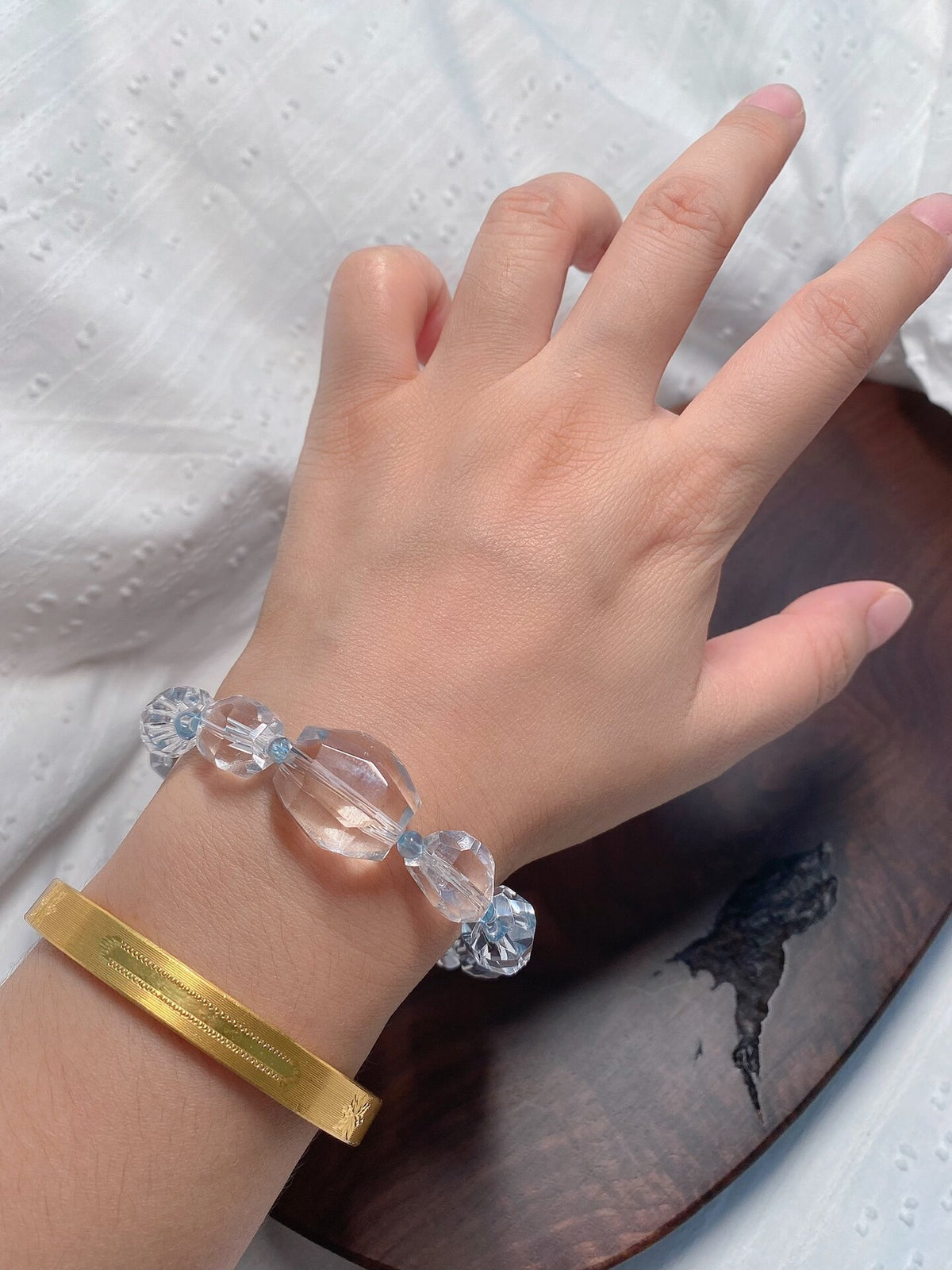 Faceted White Quartz Aquamarine Beaded Bracelet