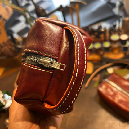 Reddish-Brown Full-Grain Leather Rectangular Pouch with Dual-Zipper Closure