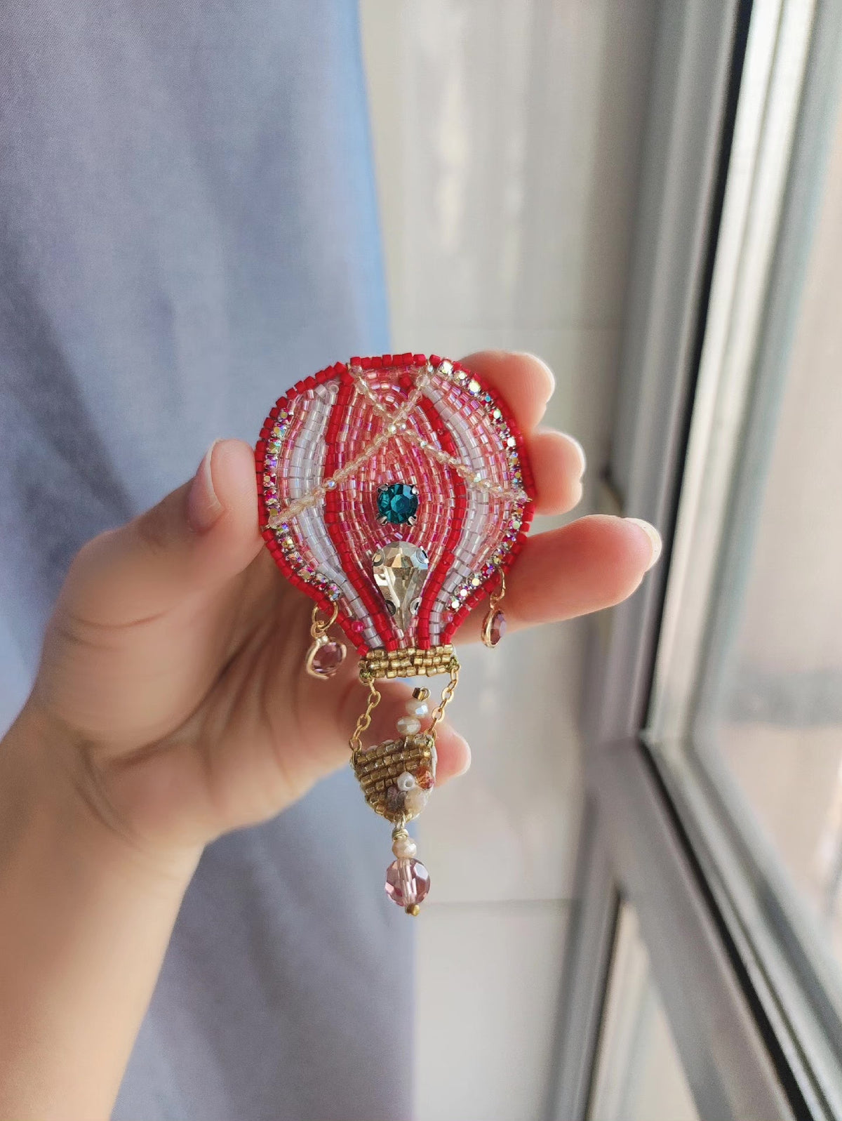 Beaded Hot Air Balloon Brooch Red Teal Crystal