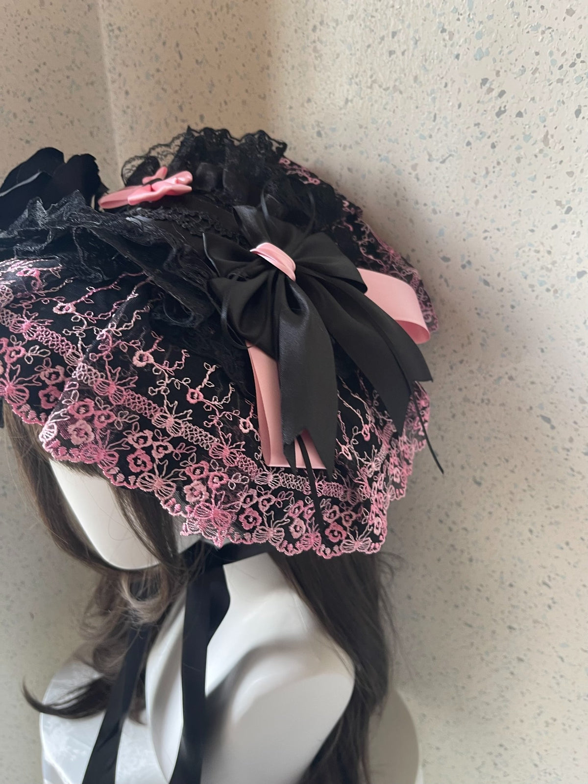 Lolita Bonnet with Black and Pink Lace
