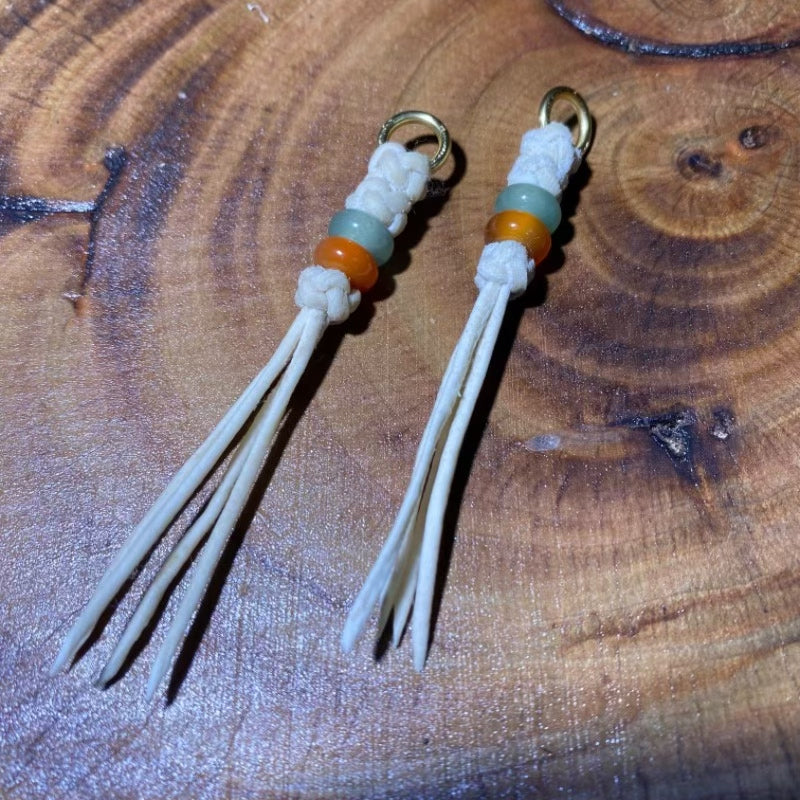 Handcrafted Tibetan Tassel with White Leather Cord and Green and Amber Beads