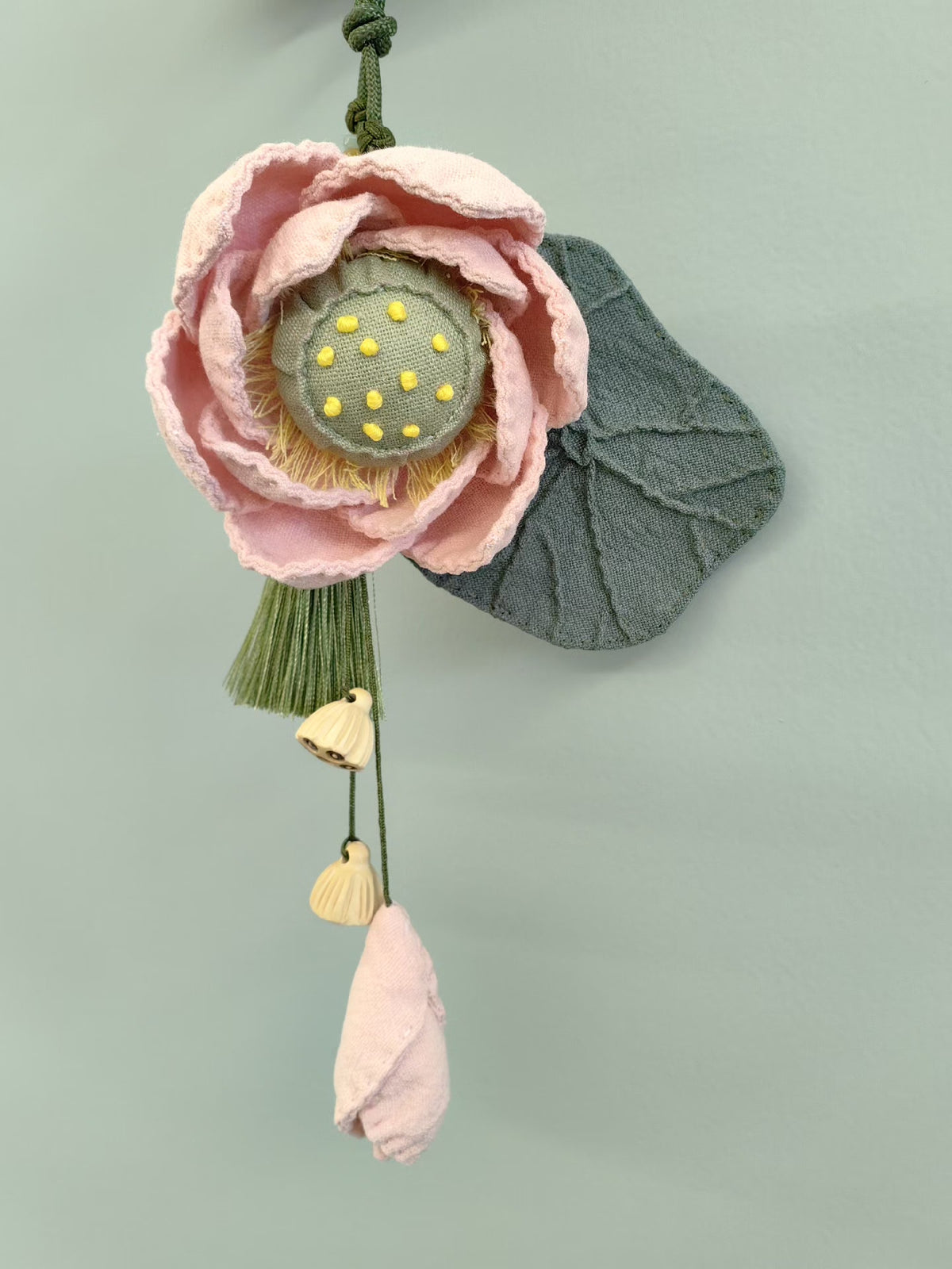 Handmade Lotus Hanging Ornament with Wooden Beads